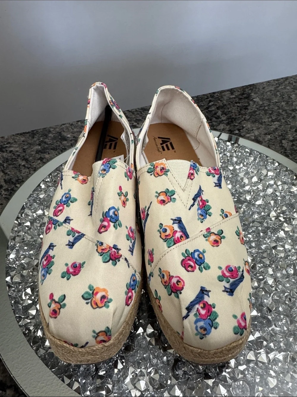 American Eagle Outfitters Cream Floral Espadrille Wedge Slip-On